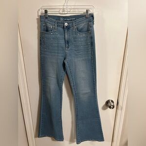 No Boundaries Junior Mid-Rise Flare Rhinestone Jeans